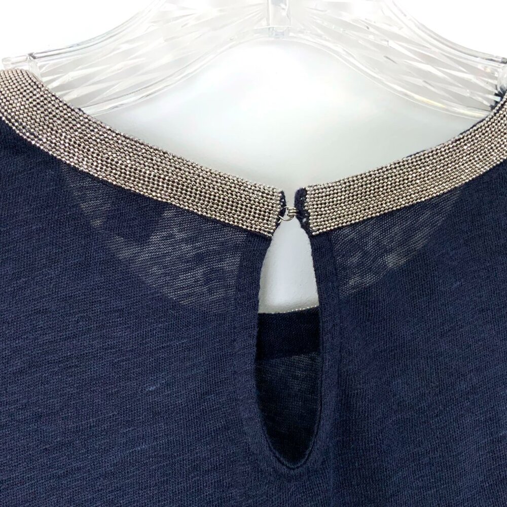 New J. Crew Navy Linen Embellished Collar Short Sleeve Tee Sz M - Picture 10 of 16